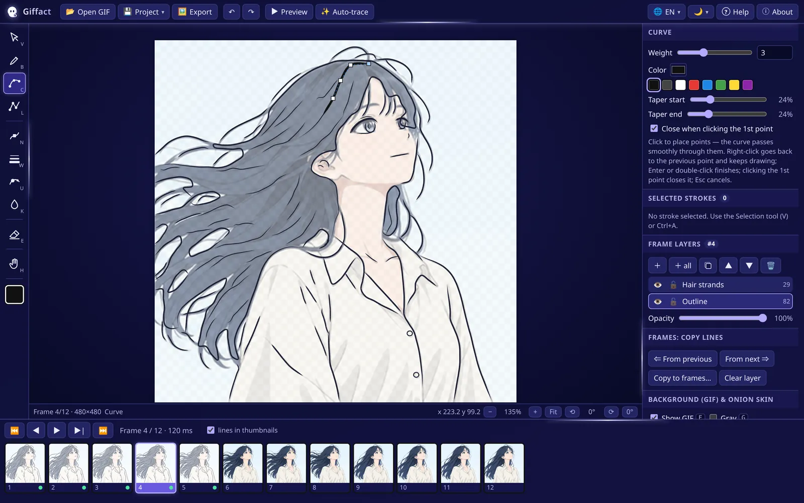 Giffact in the dark theme: the GIF of an anime girl being traced with the Curve tool