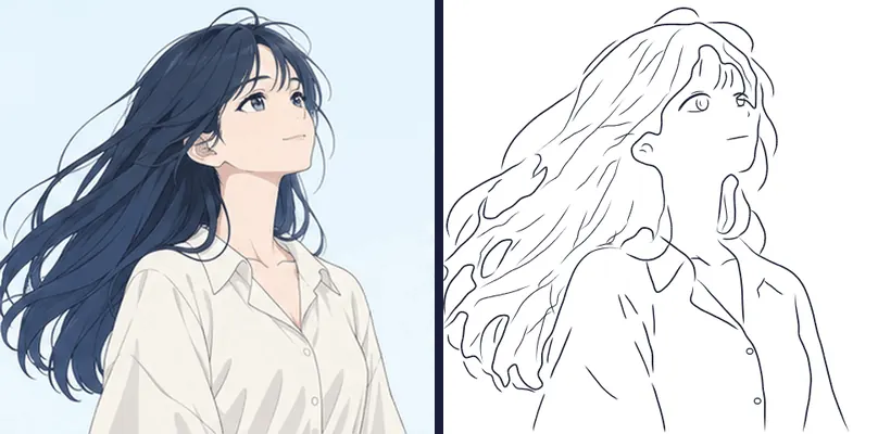 Animation comparing the GIF of an anime girl with wind-blown hair to the traced linework