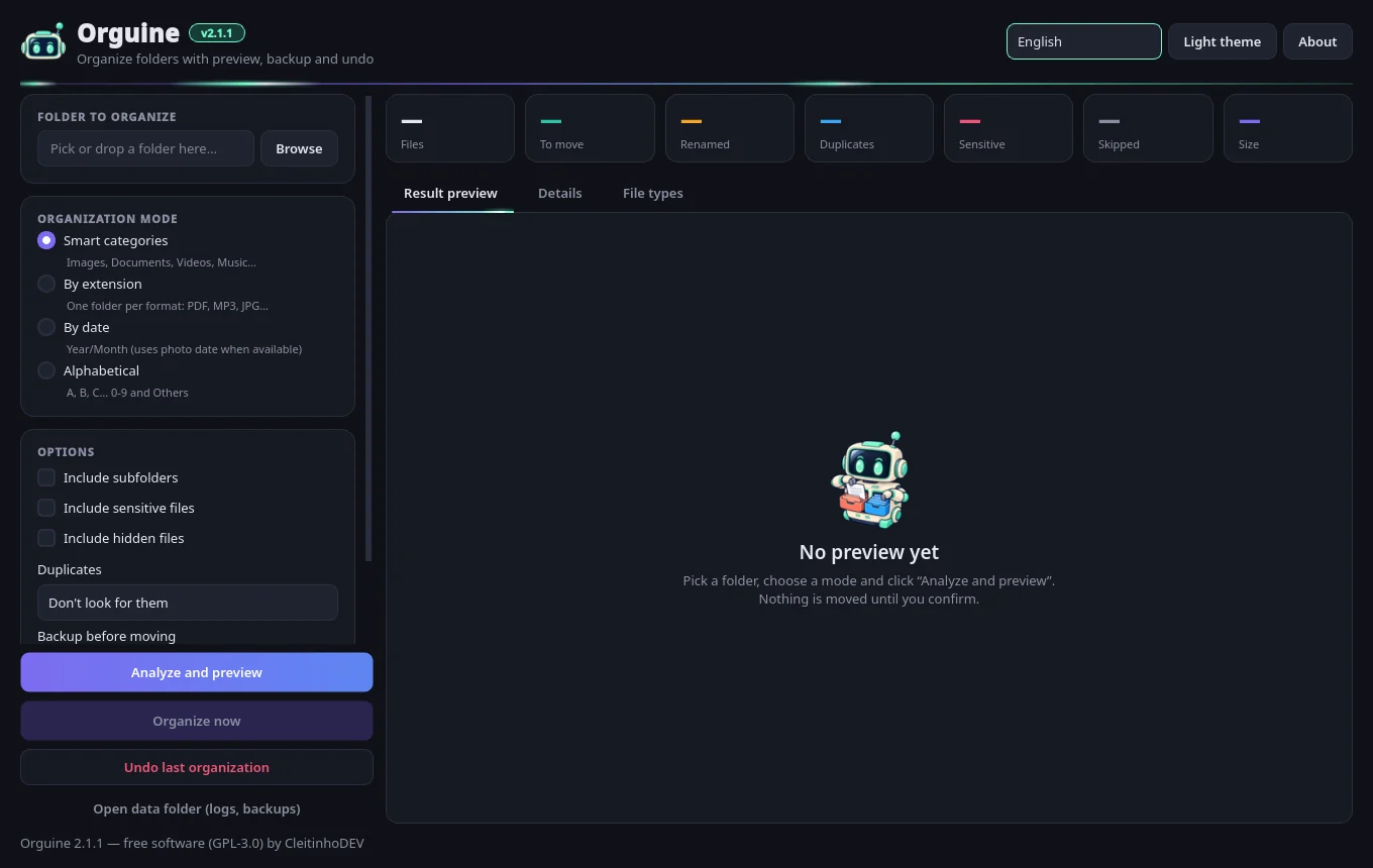 Orguine's start screen, before any preview