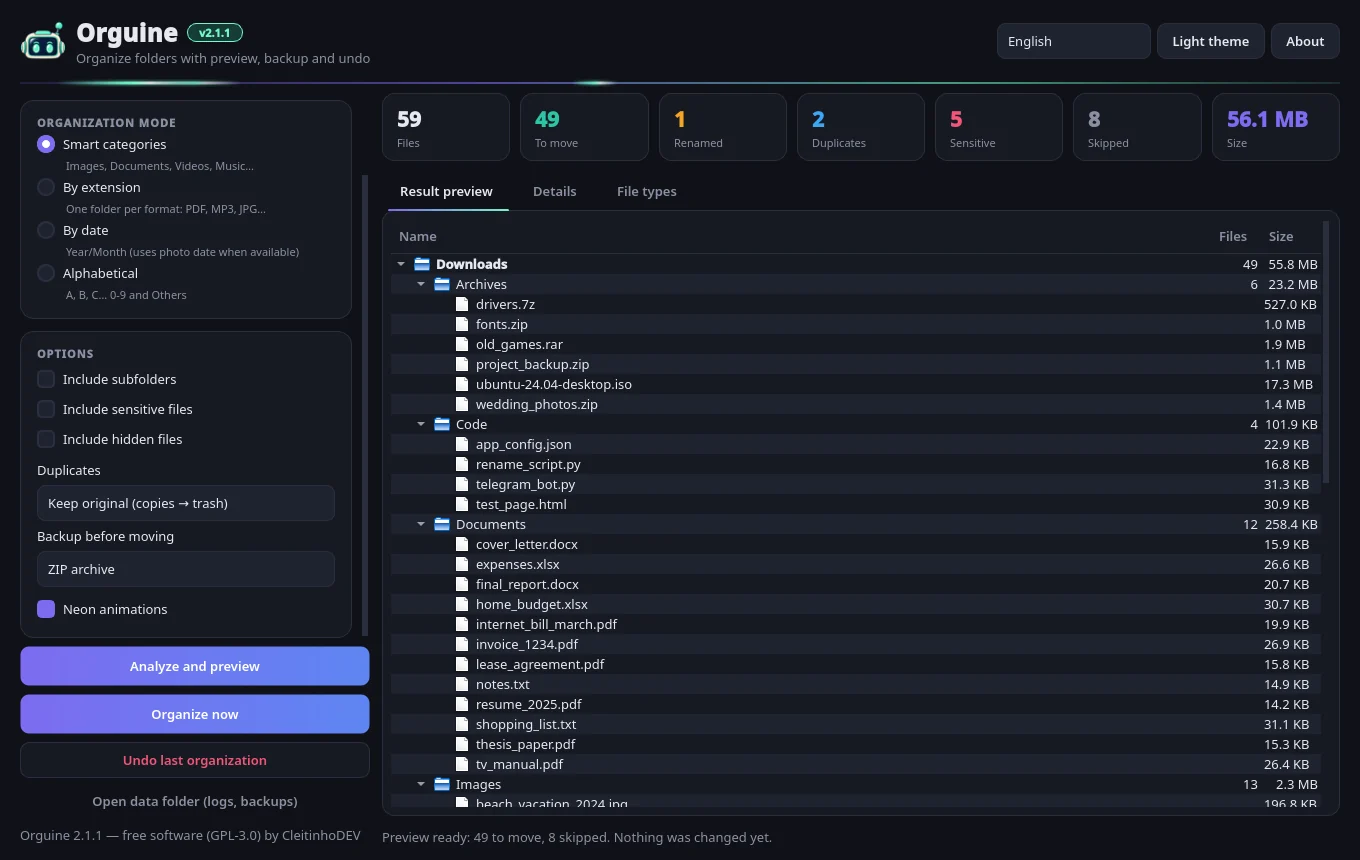 Options panel: subfolders, sensitive, hidden, duplicates and backup