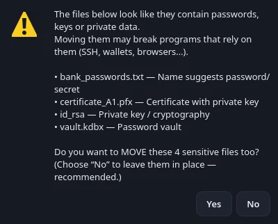 Warning listing the sensitive files