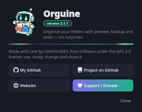 Orguine About window