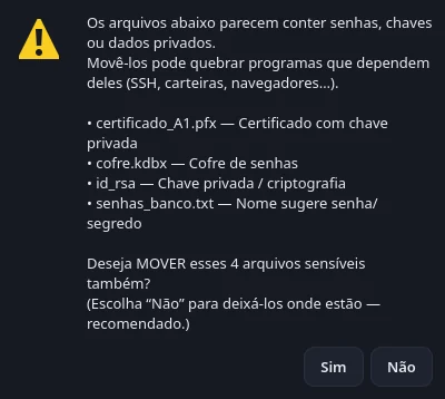 Aviso listando os arquivos sensíveis