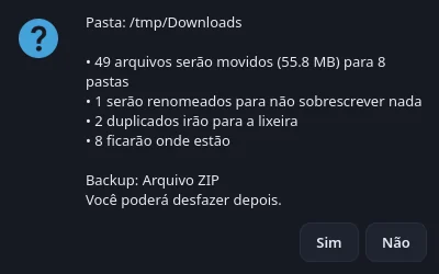Diálogo de confirmação com o resumo da organização